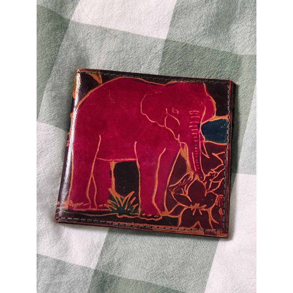Vintage Tooled Leather Elephant Bifold Wallet Multi-Color Embossed Boho